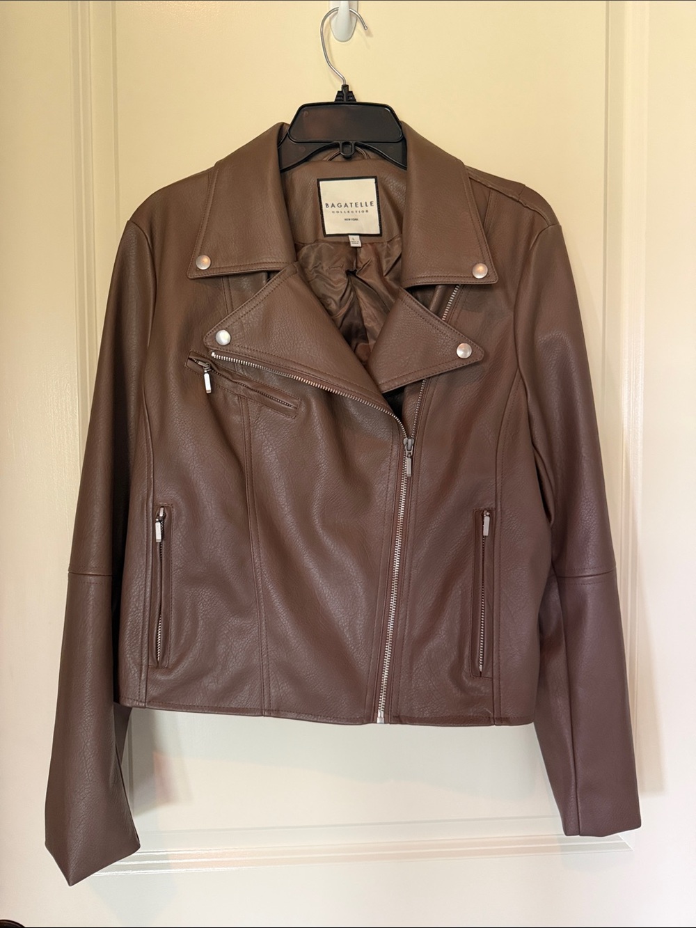 Bagatelle Chocolate Brown Vegan Leather Moto Jacket with Zip Details